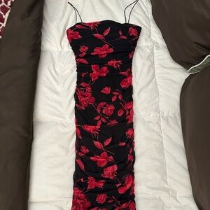 3/4 length black with red roses formal dress, rooshed sides and delicate straps